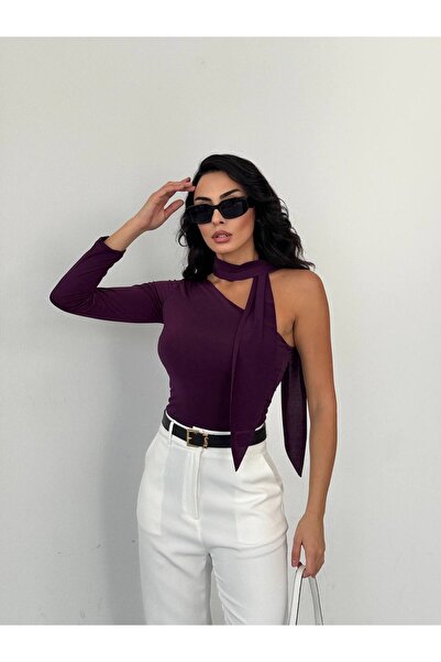 glanour Черна блуза с едно ръкав от пясъчна материя и вратовръзка