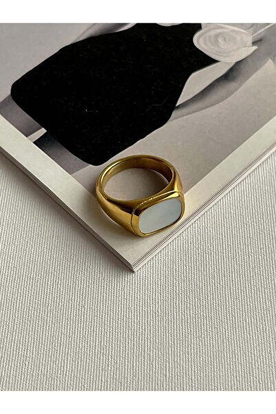 Haziran خاتم نسائي من الفولاذ الذهبي رقم 8، بتصميم مربع ولامع وعاكس للضوء