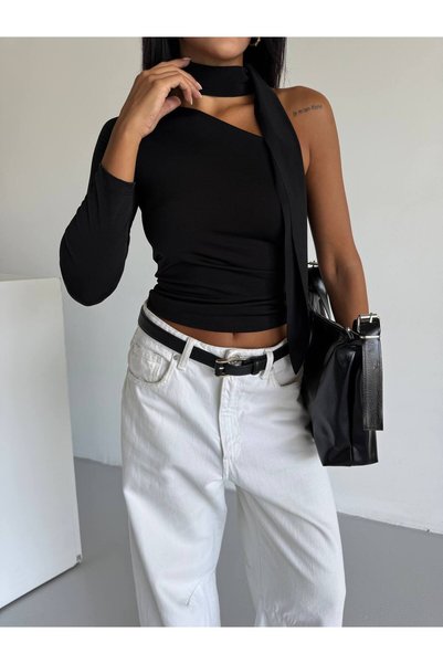 glanour Black Single Sleeve Sandy Fabric Neck Tie Blouse