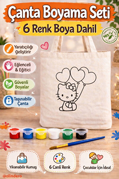 Alindero HAZIR GÖRSEL Bez çanta çocuk boyama çantası HELLO KITTY tote bag Doğ...