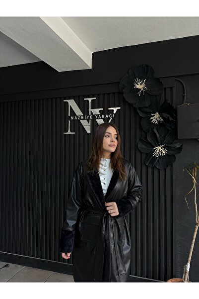 BELİS WEAR AYŞE AKAY KÜRK YAKA VE KOL DETAYLI YUMUŞAK DERİ CEKET