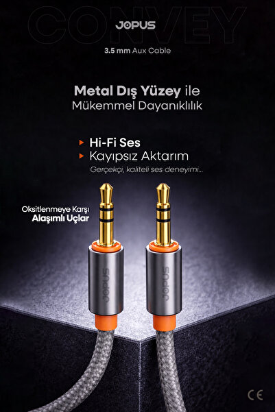 Jopus 3.5mm Aux to 3.5mm Aux Kablo Stereo Destekli Örgülü Füme 1 Metre Füme JA-05