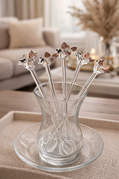 ÖZ KRİSTAL DESİGN Altılı Altın Kuşlu Çay Kaşığı