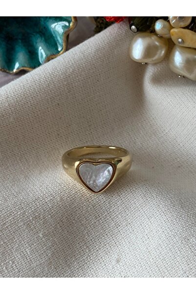 Haziran خاتم نسائي من الفولاذ الذهبي رقم 8، بتصميم على شكل قلب مع لمعان لؤلؤي