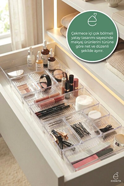 EVONİTA Kristal 12 Parça Çekmece Düzenleyici Set - Şeffaf Organizer Makyaj Ta...