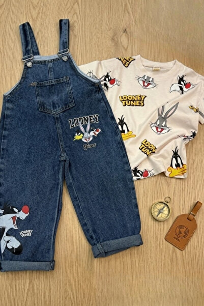 Mişsa Bebe Baskılı Çocuk Kot Salopet Trend 2 Parça Kombin 3-6 Yaş
