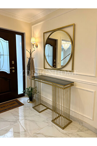 zdesignhome Şık ve Modern: 85 cm Yuvarlak Ayna + 100x30x90 cm Gold Metal Dres...