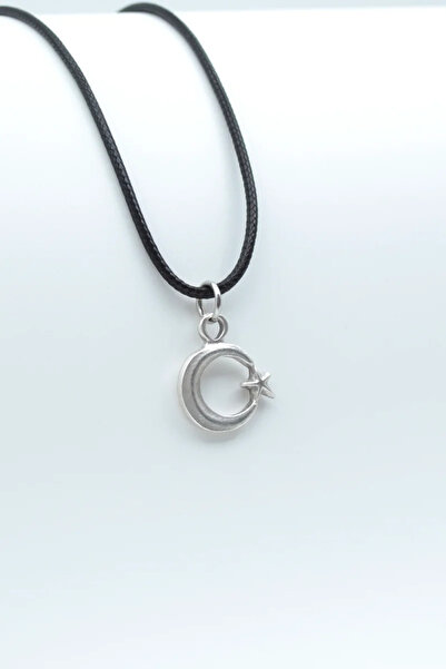 ıdr Minimal Ay Yıldız Gümüş Kaplama Deri İp Kolye