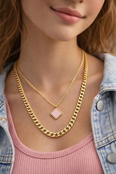 MakeWell Gold Color Chain Necklace Set – Thick Cuban Chain and Minimal Neckla...