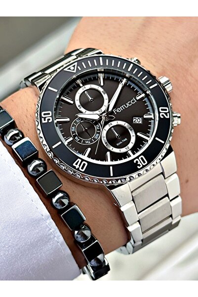 Ferrucci ساعة يد رجالية بسوار فولاذي ومينا سوداء مع تقويم