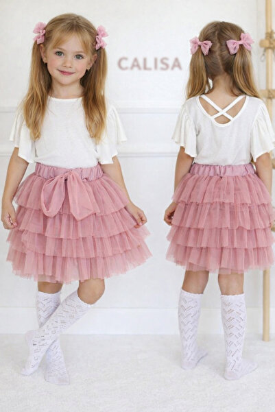 CALİSA Devojčina suknja u boji losos roze sa volanima i bela bluza sa detalji...