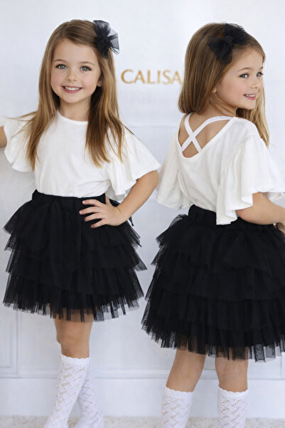 CALİSA Κοριτσίστικη μαύρη βολάν φούστα και λεπτομέρεια μανίκι λευκή μπλούζα 2...