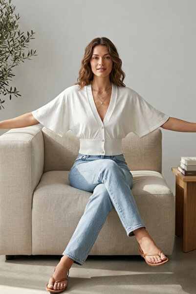 Şiir Risor Γυναικεία μανίκια βολάν διάτρητα ζακάρ κομψά κουμπιά Crop ζακέτα &...