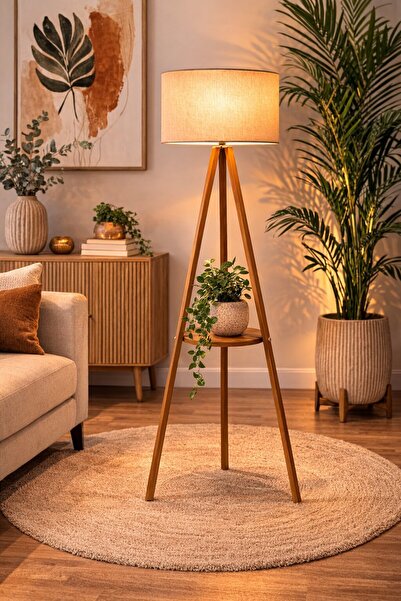 Turkish Home مصباح ارضي خشب مع رف بتصميم عصري - 150 سم