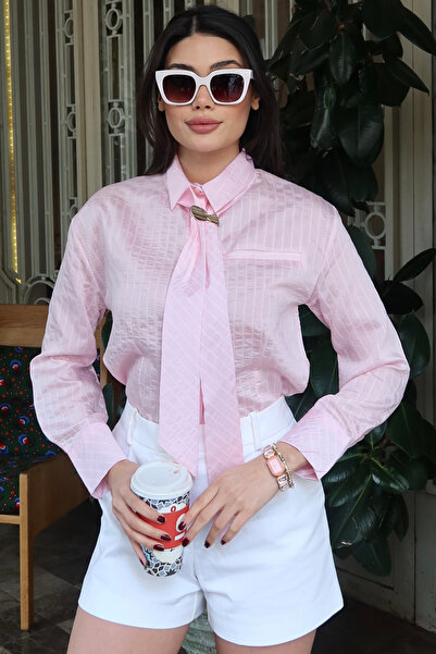 KECHİ WOMAN Çizgili Kravat Aksesuarlı Saten Kadın Gömlek