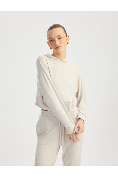 Koton Weiches, strukturiertes Langarm-Pyjama-Oberteil mit Kapuze