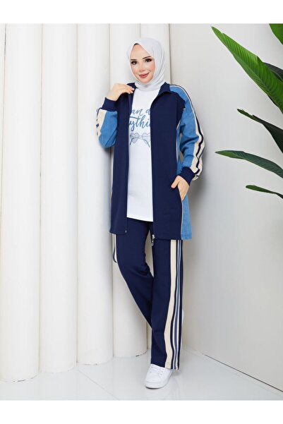 moda4b Γυναικείο αθλητικό σετ 3 τεμαχίων με λεπτομέρειες και ρίγες, με δύο κλ...