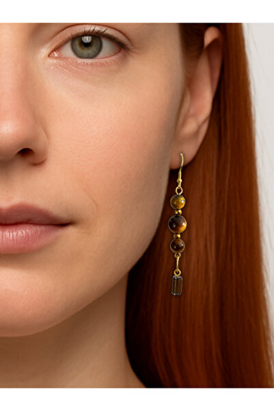 ayrestyle Gold Color Women's Long Earrings with Tiger's Eye and Hematite Natu...