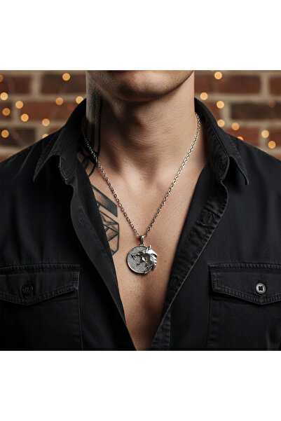 Alooya Witcher 3 Madalyon Gümüş Kaplama Düz Zincir Kolye