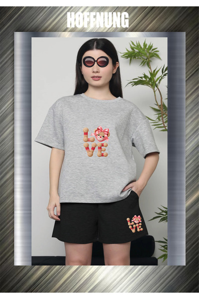 HOFFNUNG Unisex Casual Short Sleeve Set with Love Bear Head Print Outdoor Spr...