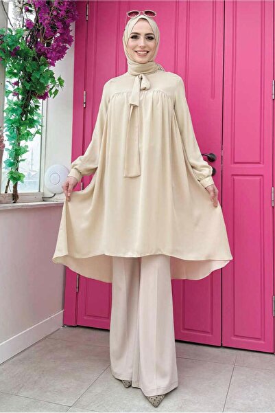 TRENDTESETTÜR KADIN BEJ (TAŞ) YAKASI BAĞLAMALI ŞİFON KREP TUNİK T 4542