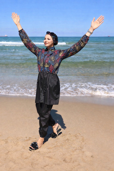 DLC Tekstil Yaprak منقوش ملابس سباحة نسائية كاملة قابلة للتعديل مع غطاء رأس هدية