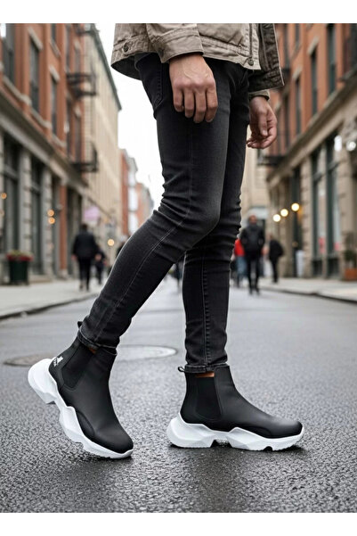 BOA BA0444 Bağcıksız Rahat Yüksek Taban Siyah Beyaz Taban Erkek Spor Yarım Bi...