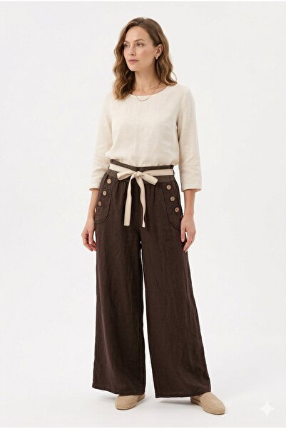 della moor Women's Brown Italian Pocket Buttoned Rope Ke Belt Bo Wide-Leg E L...