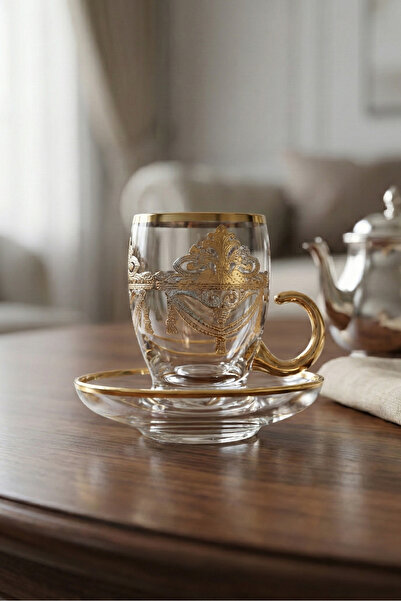 SQUALO طقم كاسات شاي تركي – 6 حبات بنقوش ذهبية مع أطباق