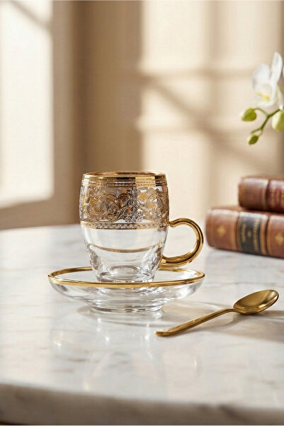 SQUALO طقم كاسات شاي تركي – 6 حبات بنقوش ذهبية مع أطباق