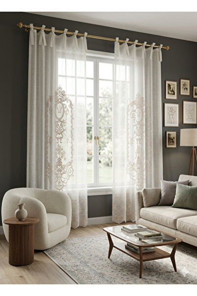 CASA NATURALE Linen Look-And-Feel Panels with Embroidered Embroidery for Curt...