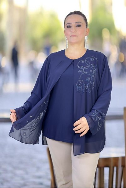 yagmurberen Sandy Fabric Inside, Stone Embroidered on the Outside, Chiffon Plus Size Women's Double Blouse