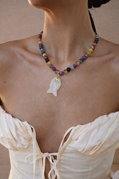 Markiz Takı Akik Karışık Doğal Taş Murano Cam Balık Kolye