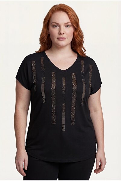 Ebsumu Bluză neagră cu imprimeu cu piatră leopard de mărime mare pentru femei