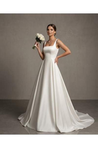 Elif Naz Moda Evi beyaz uzun kare yaka pleli etek nikah düğün elbisesi