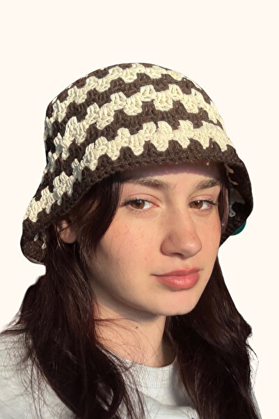 MELUSH 2 Renkli Örgü Şapka, Kroşe Şapka Kahverengi ve Krem Renkli