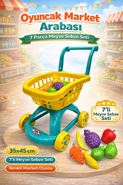 YILDIRIM OYUNCAK Market Arabası 7 Parça File Meyve Sebzeler 45 cm - Evcilik M...