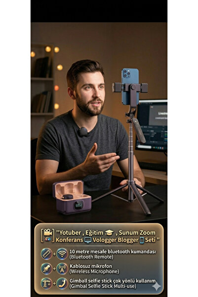 Prolite Çift LED Işıklı ve Kablosuz Yaka Mikrofon Youtube Haber Konferans, Su...