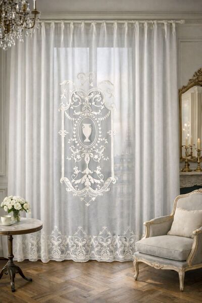 CASA NATURALE Keten Görünümlü Süzene Nakışlı Tül Panel Perde 7217-04-392