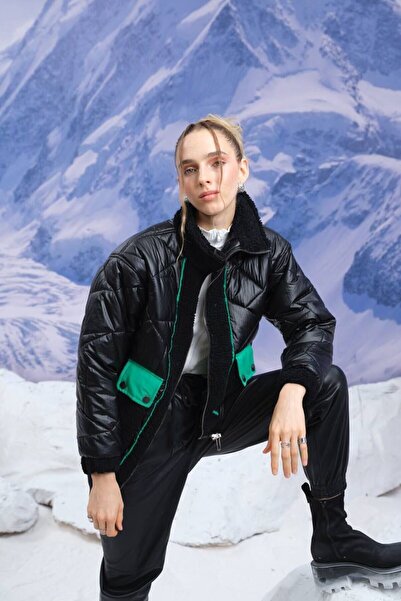 LOVELYSTORE Μαύρο γούνινο παλτό με λεπτομέρεια από καστανόχρωμο κορδόνι