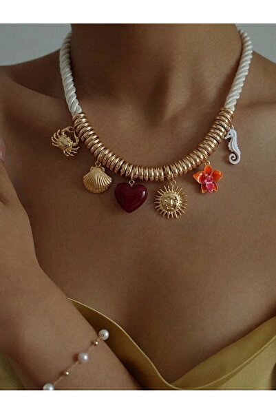 Markiz Takı Marka Beyaz Halat Çoklu Charm Kolye 45 cm