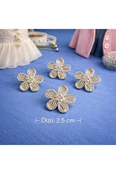 İMREN AKSESUAR Flower Silver Plated Metal Button 2.5 cm 1 Pack 5 Pieces