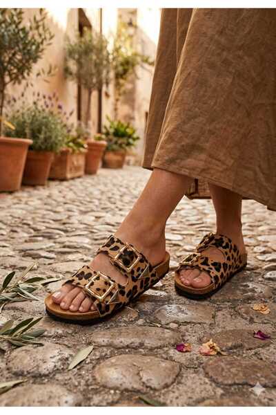 McDark Ženske papuče od leopard materijala, kork Ortopedsko, uložak T Sa kopčom