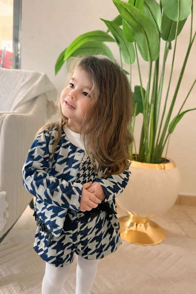 nazarbebe Set jachetă și pantaloni scurți pentru fete Houndstooth cu model cu...