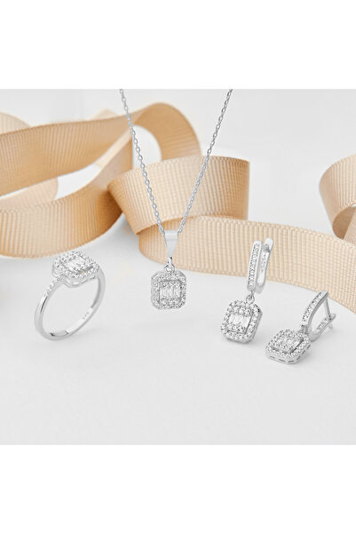 Siset Gümüş 925 Ayar Rodyum Kaplama Baget Taşlı Gümüş Üçlü Set