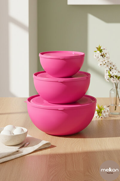 Melkan Home Round Bowl with Lid Set of 3 Milenyum Pink Color (0.6L 2.5L 4L)