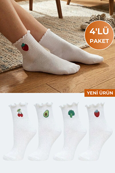 OUS Nakışlı Meyve Desenli Beyaz Soket Çorap 4'lü Set – Pamuklu Kadın Günlük Ç...