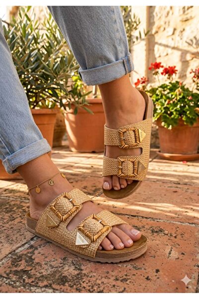 McDark Papuci de damă, bej, din material de paie, cu talpă ortopedică din plu...