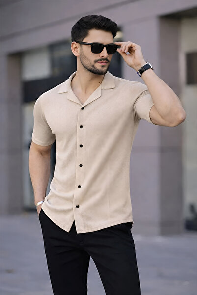 beuivo Men's Beige Cotton Waffle Fabric Slim Fit Slim Fit Short Sleeve Shirt