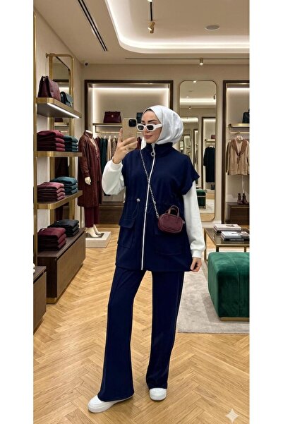 BEYAZTOPTAN Women's Sporty Stylish Hijab Combination Zippered Vest Pants Set ...